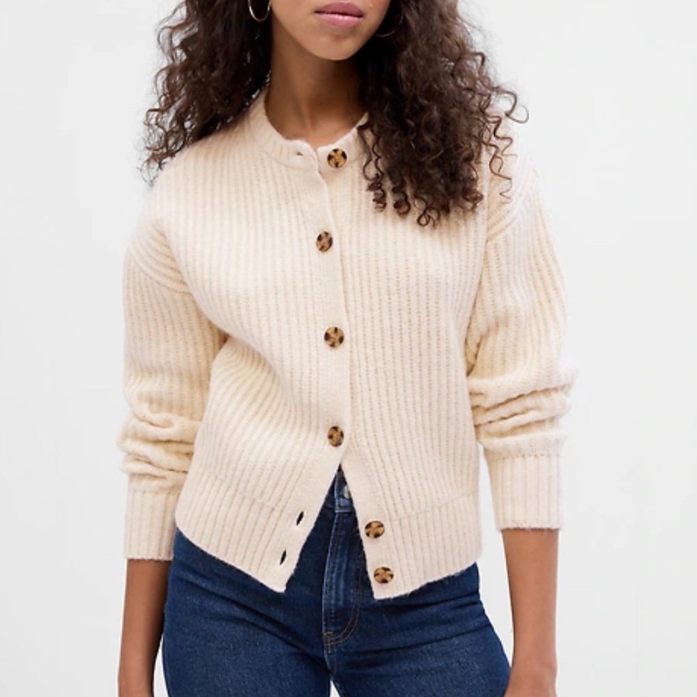Gap Women’s Shaker-Stitch Cardigan Cream Wool Chunky Knit Sweater Small Tall S